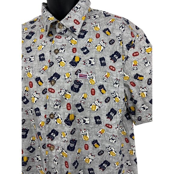 Aloha Made Me Mens Large L Hawaiian Short Sleeve Shirt Maneki Neko Grey Button - Picture 3 of 9